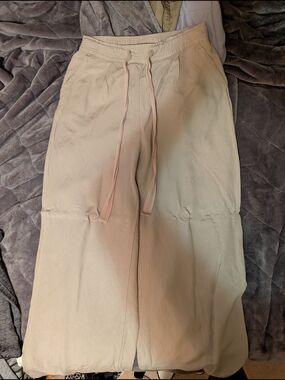 Beige Drawstring Wide-Leg Linen Pants